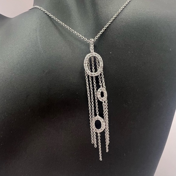 Sterling Silver CZ Fringe Pendant Necklace | Layered Drop Statement Jewelry - Picture 2 of 12